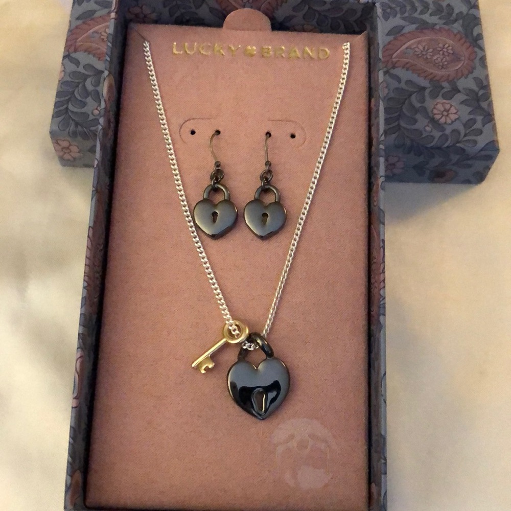 Lucky Brand Padlock Heart Drop Earrings & Padlock Heart Pendant Necklace NIB